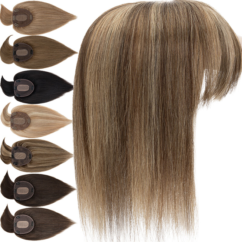 100% Remy Human Hair Topper Clip In Top Hairpiece Toupee Silk Base with Bangs