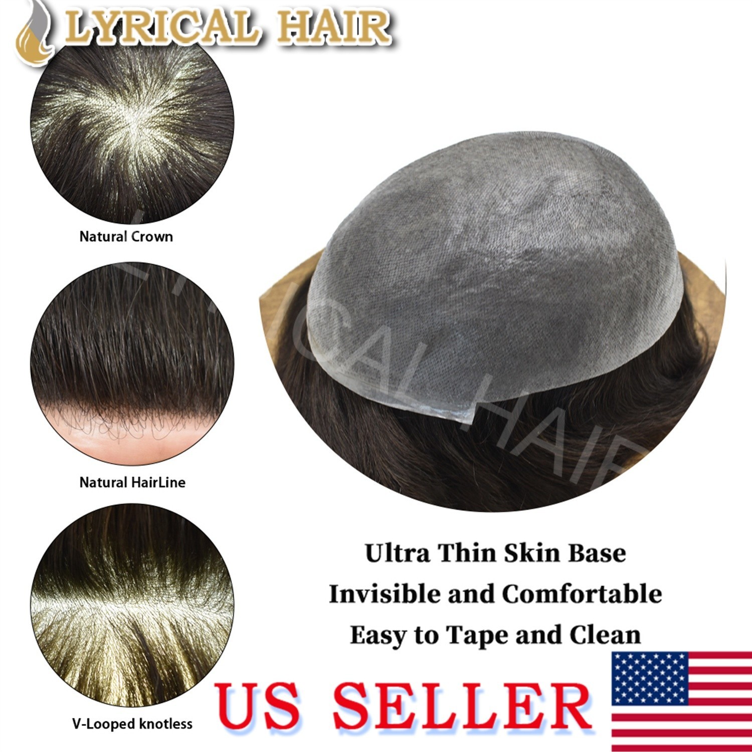 Men’s 0.06mm Thin Skin Toupee Human Hair Replacement System Invisible PU Hairpie