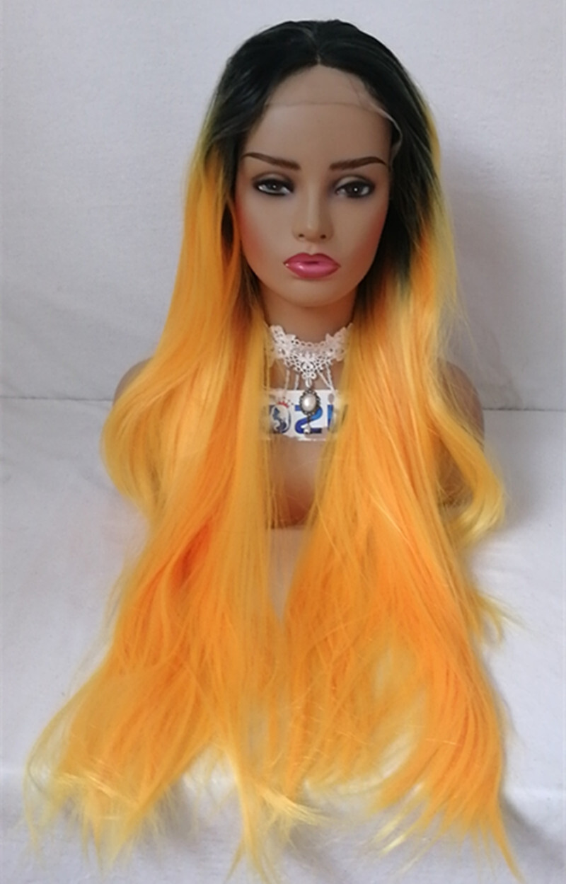Long Straight Orange Yellow Lace Front Wigs with Dark Roots Lace Wigs
