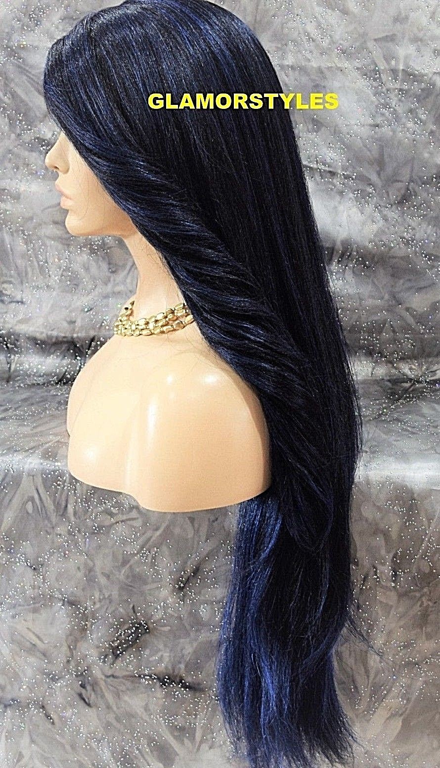 39″ LACE FRONT FULL WIG LONG STRAIGHT LAYERED W SIDE PART BLUE BLACK MIX HEAT OK