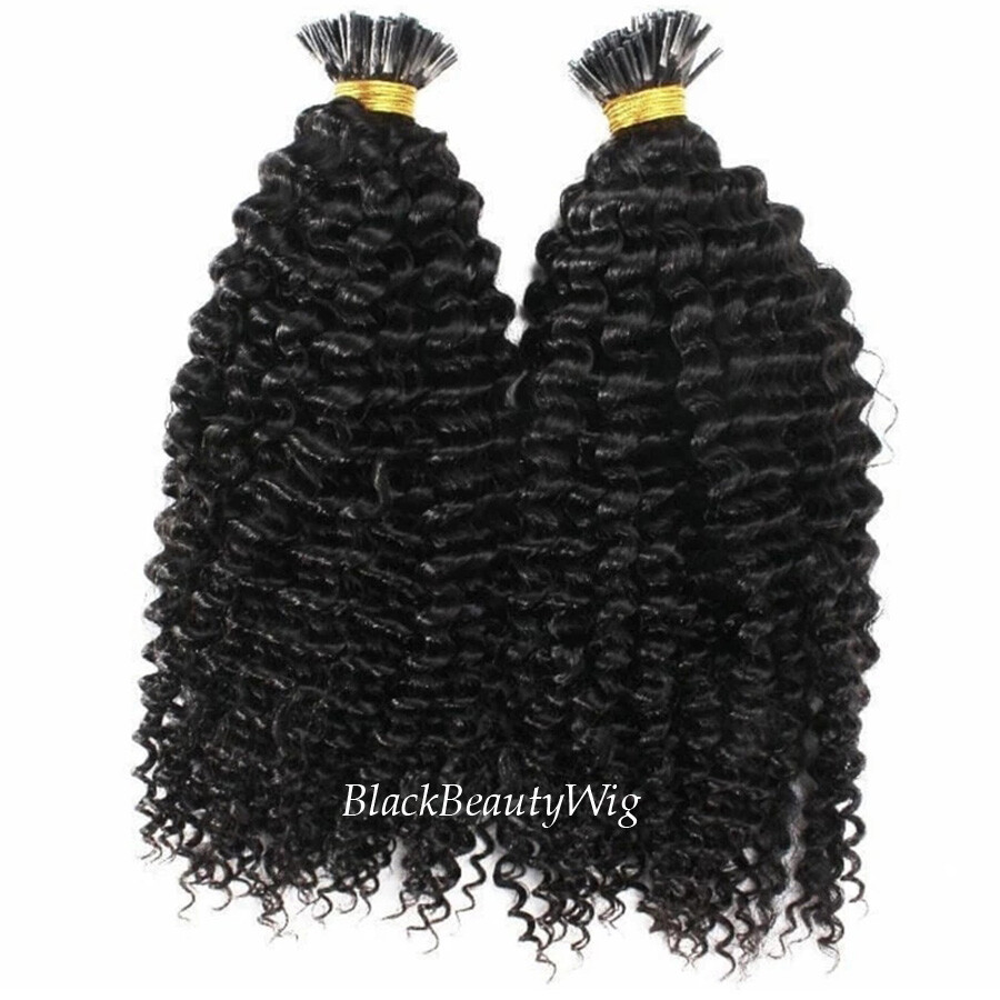 Long Kinky Curly I Tip Human Hair Extension Pre Bonded Microlink Hair 100pcs