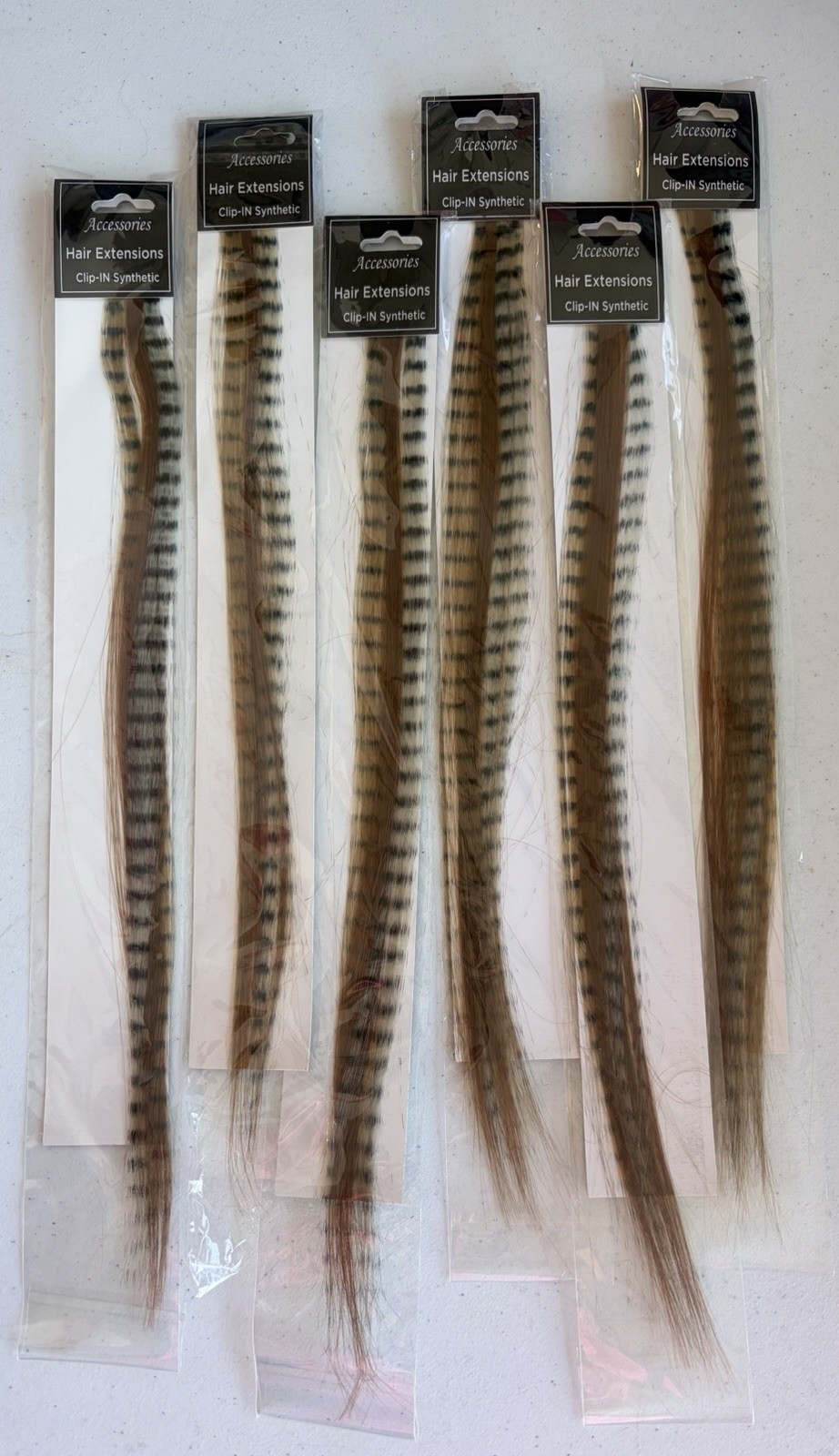 6 Packs CLIP IN FAUX SYNTHETIC FEATHERS 16″ HAIR EXTENSIONS Brown/Black/Tan NEW