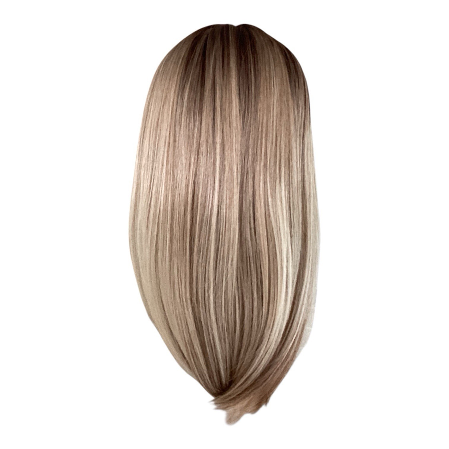 Ash Blond Wig 16” With Bangs Ombré Gradient Dark Roots Rooted Middle Part