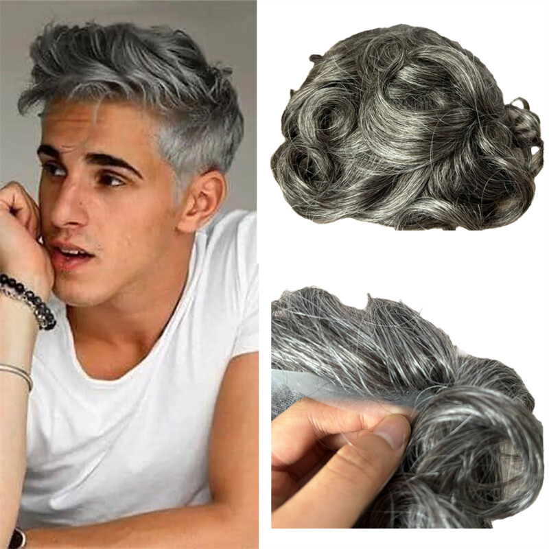 8×10 Remy Human Hair 8×10 1B50 Grey White Color Human Hair Men Toupee Skin Pu