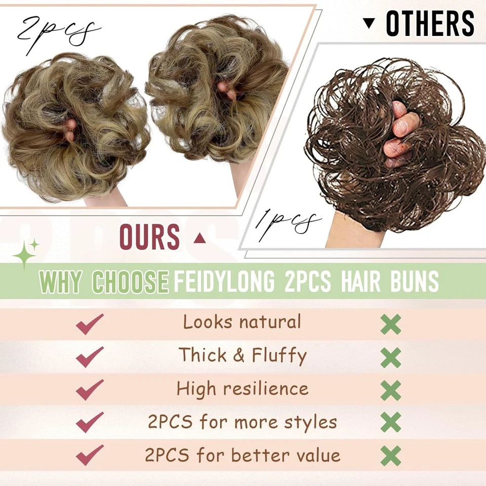 2 PCS Messy Bun Hair Piece Wavy Curly Scrunchies Light Brown Mix Ash Blonde