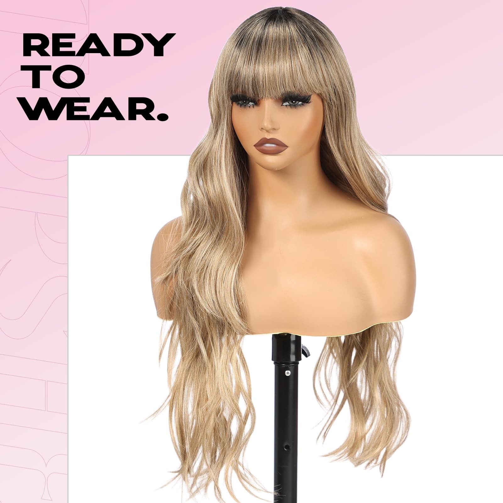 Long Ombre Blonde Wig with Bangs for Women, 26 Inch Long Curly Lace Wig Natur…