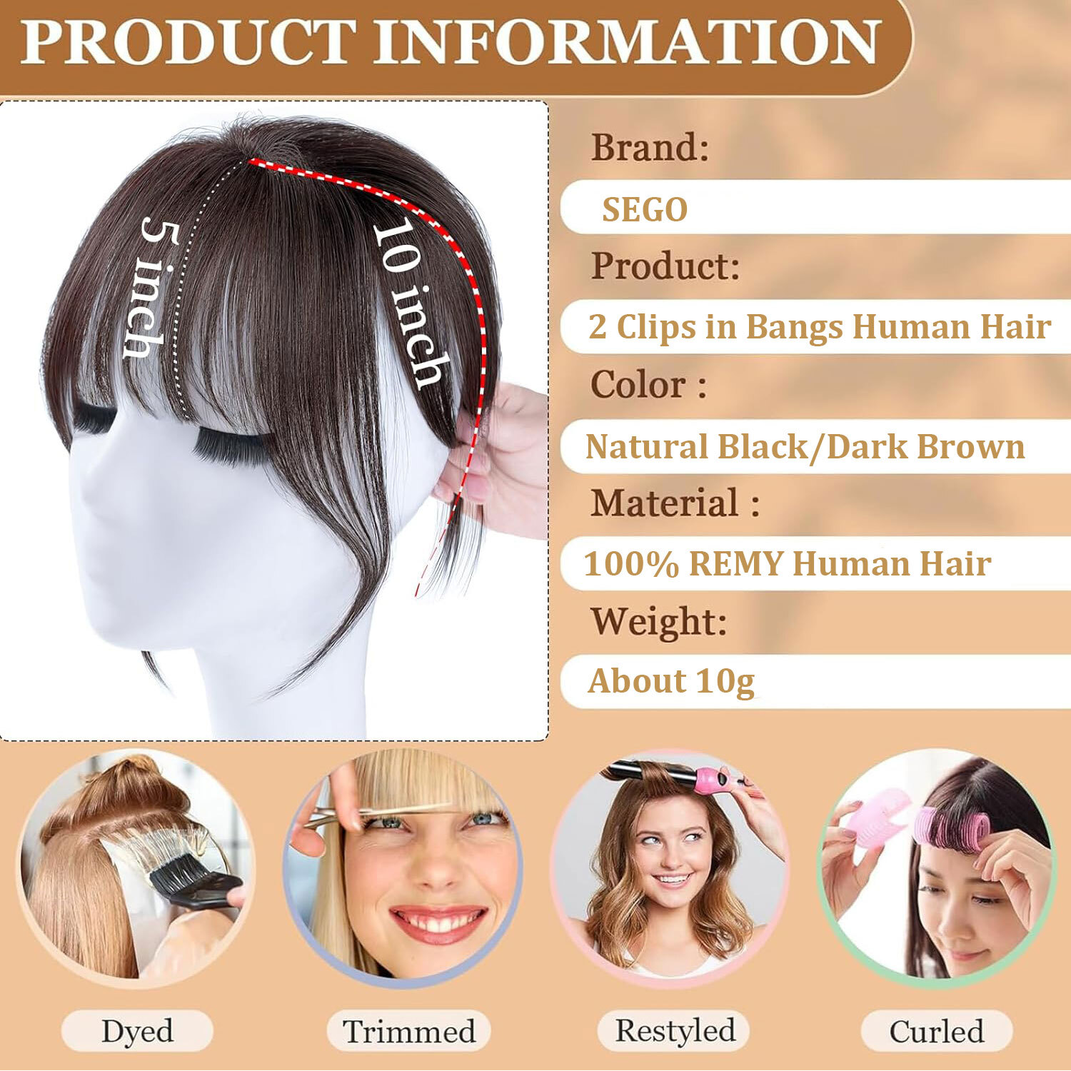 Clip in Bangs Topper 100% Remy Human Hair 360° 3D Wispy Fake Bangs Black Brown X
