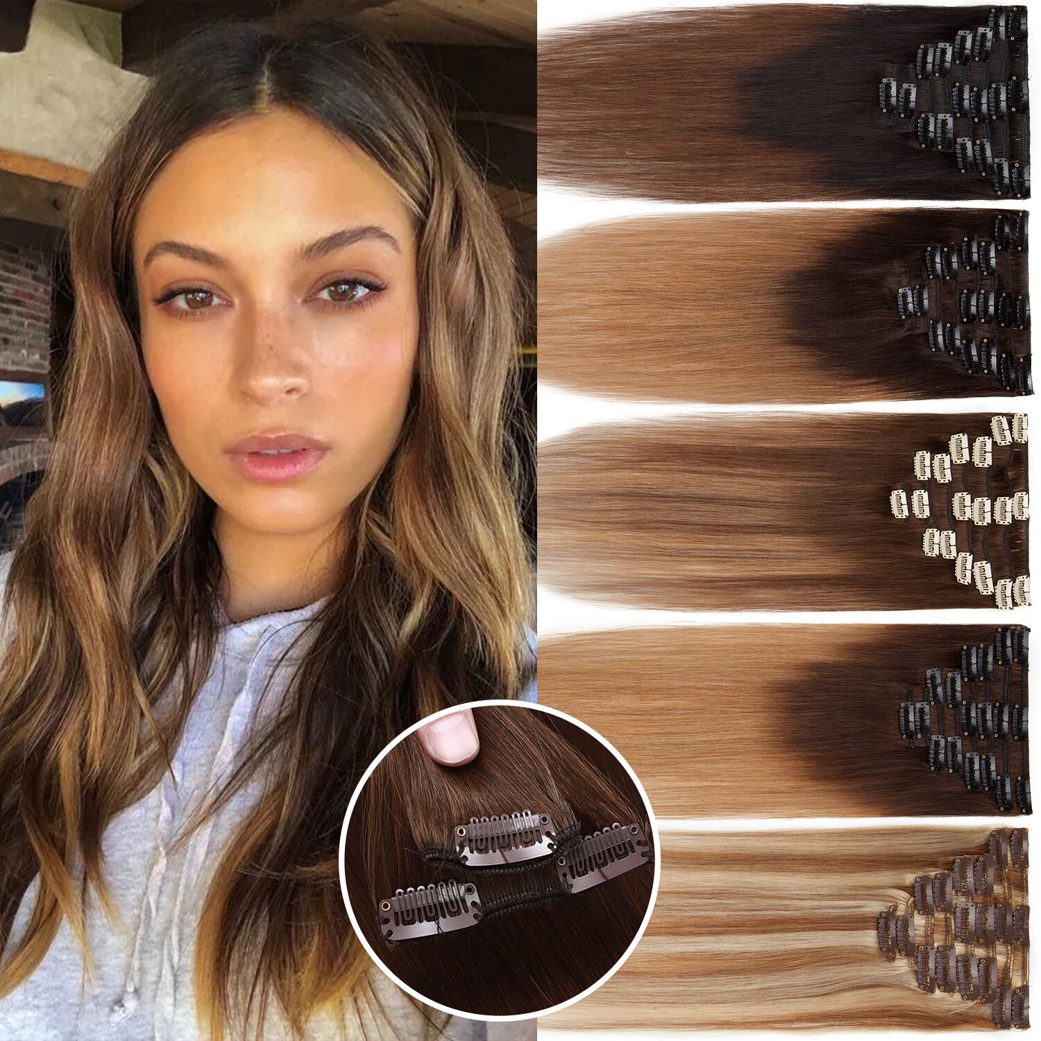 Premium 100% Remy Human Hair Seamless Clip in Hair Extensions Full Head Balayage
