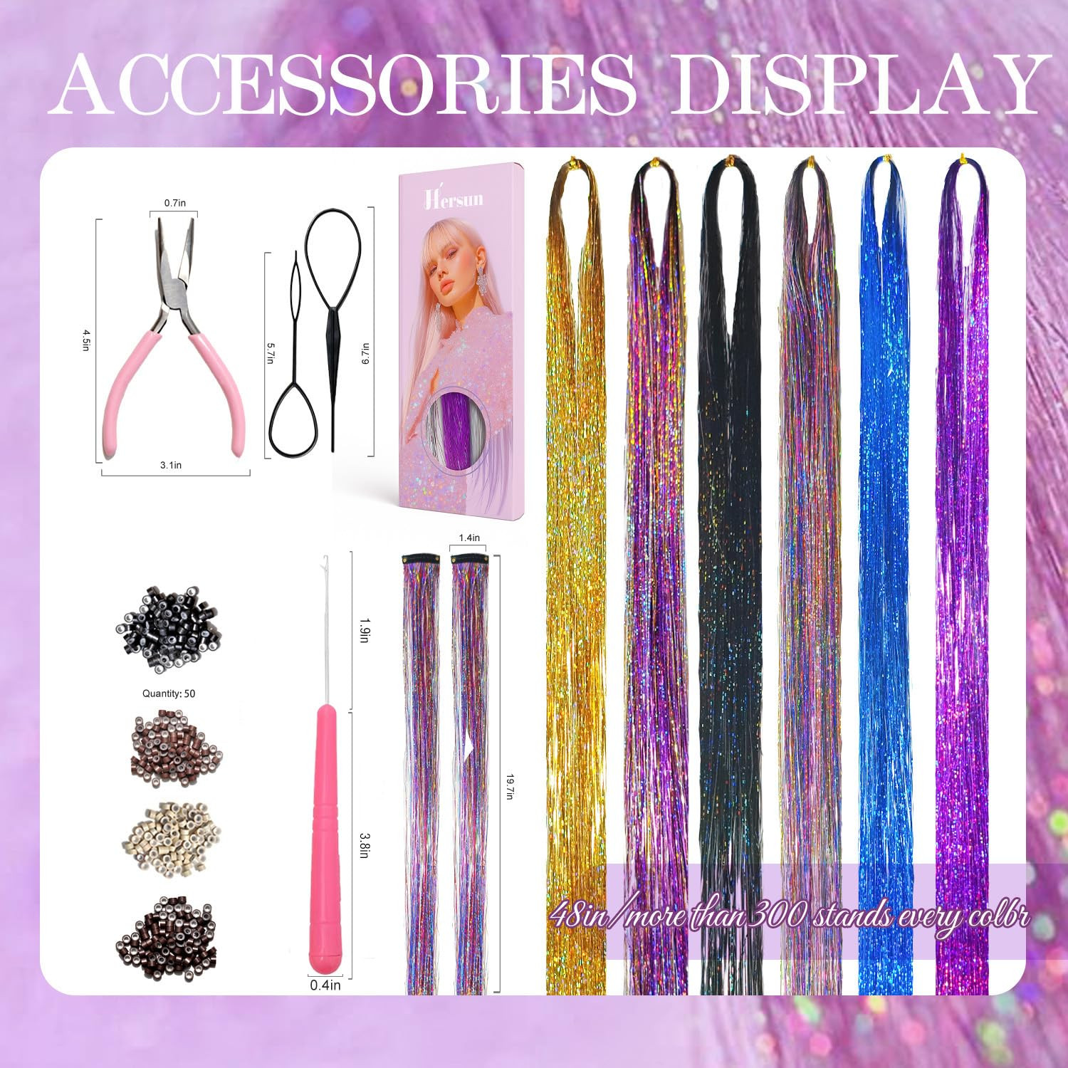 Hair Tinsel 10 Colors 3200 Strands 48In with Tools Fairy Tinsel Hair Extensions