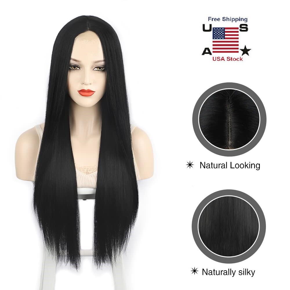 27″ Long Black Straight Wigs Women Hair Wigs Natural for Halloween Cosply Wig US