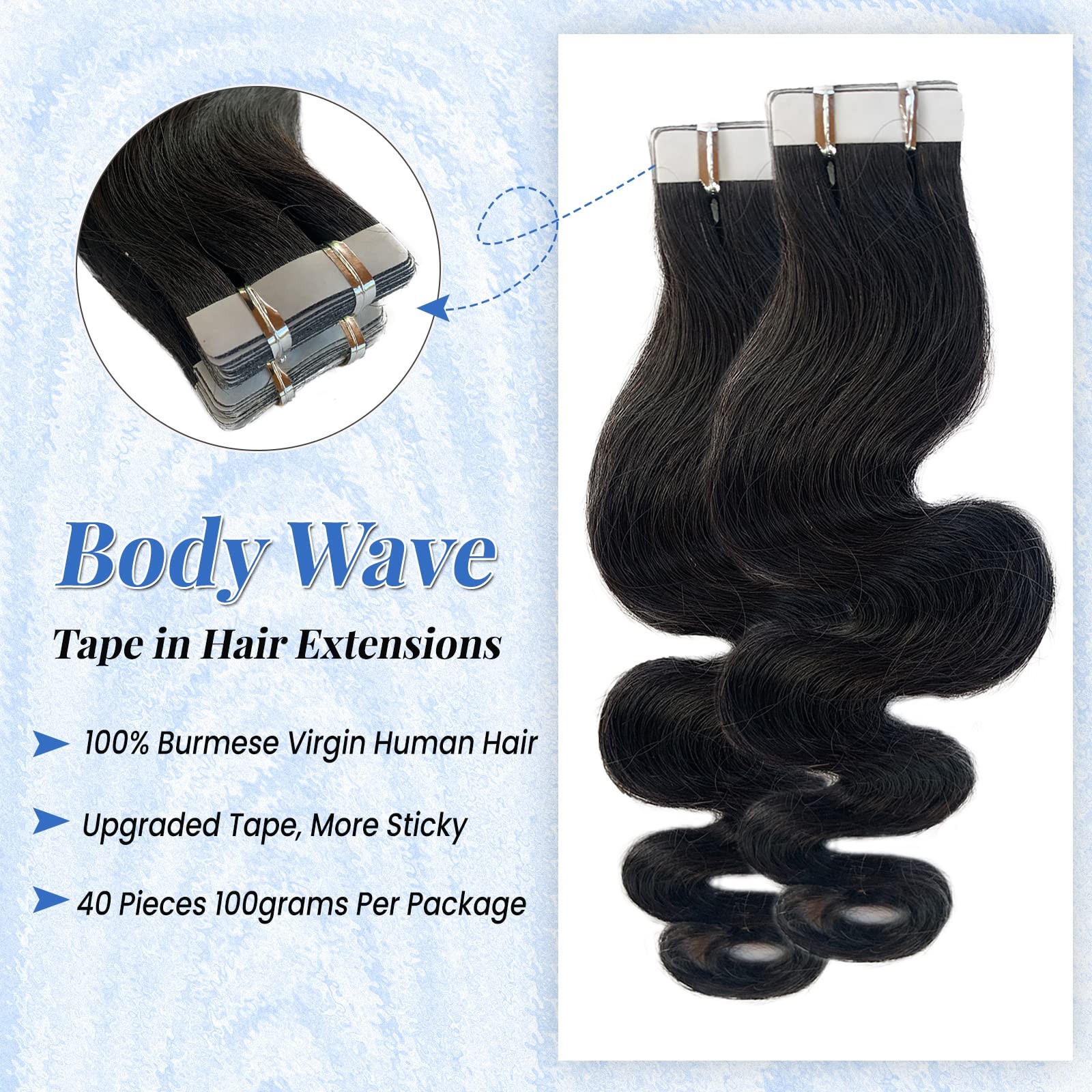 Licoville Body Wave Tape In Hair Extensions Human Hair 40Pcs Natural Black Tape
