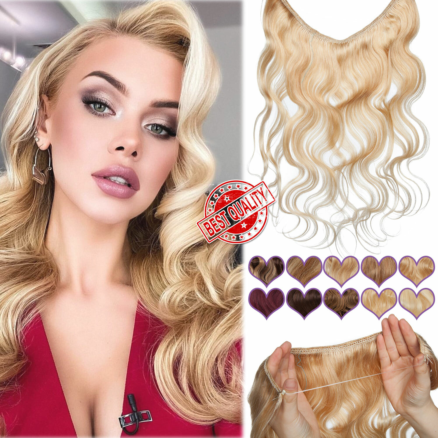 Thick 7A+ Hidden Wire In 100% Real Remy Human Hair Extensions One Piece #BLONDE
