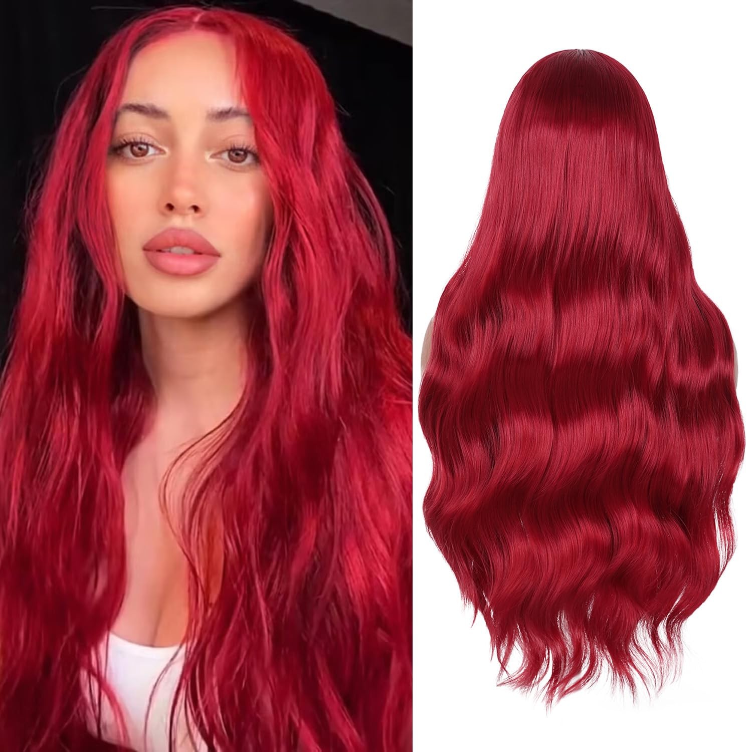 Red Wigs for Women Mermaid Waves Synthetic Wig 28 Inches Middle Part Long Wav…