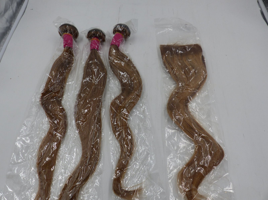 MEGALOOK 20″ HUMAN HAIR SILKY STRAIGHT 3PC EXTENSION BUNDLE W/ CLOSURE DARK BLND