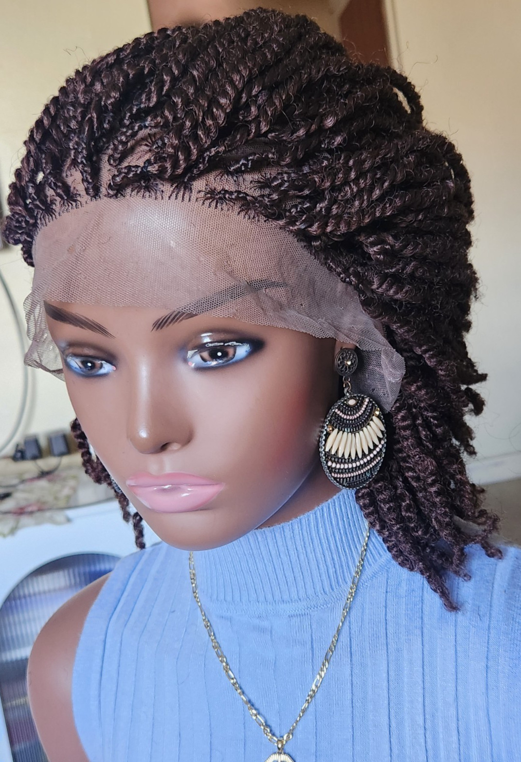 Handmade Short twist braided full lace wig Dark brown