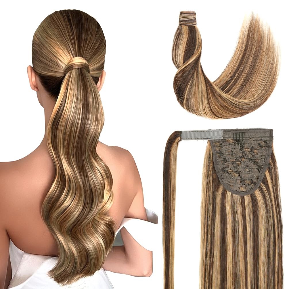 Amygirl Ponytail Extension Human Hair 16 Inch Medium Brown Mixed Blonde Silky