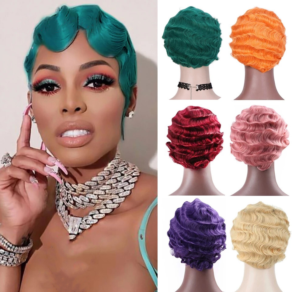 Vintage Short Finger Wave Wig Muti-Color Synthetic Wigs 1920s Cosplay Party Heat