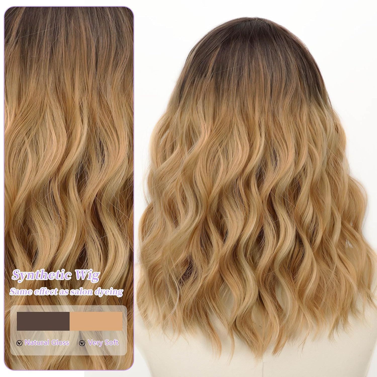 T Part Lace Front Wig Ombre Brown Water Wave Curly Wig Heat Resistant Synthetic