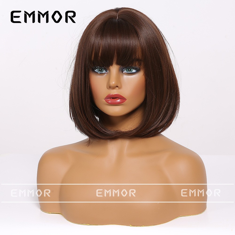 Brown Short BOB Wig with Rose Net Cap Synthetic Full Wig for Women Daily Wear