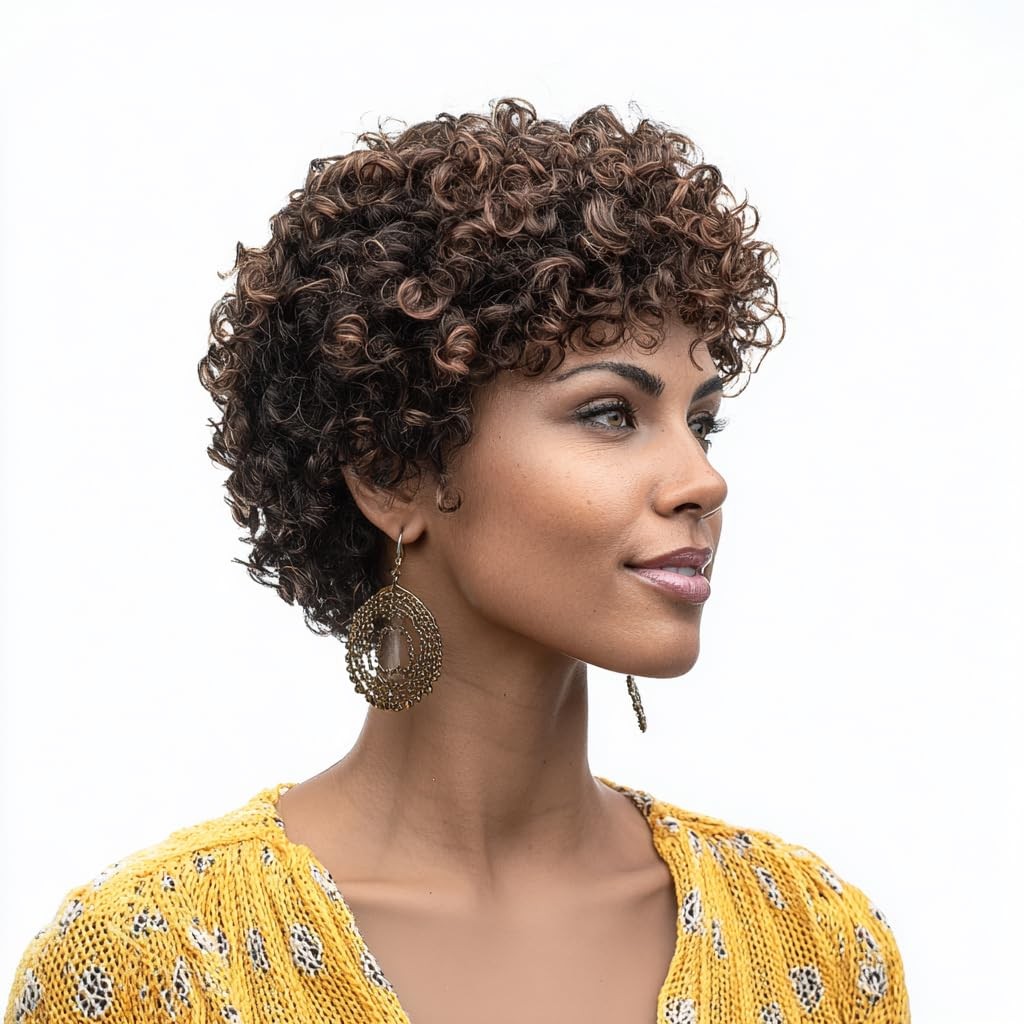 MUJGOO Short Curly Wig for Black Women Brown Highlight 22.5 Inch,