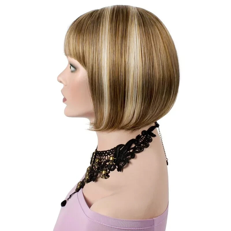 Women’s Gold Blonde Mixed Brown Highlights Short Bob Straight Wig Synthetic Hair
