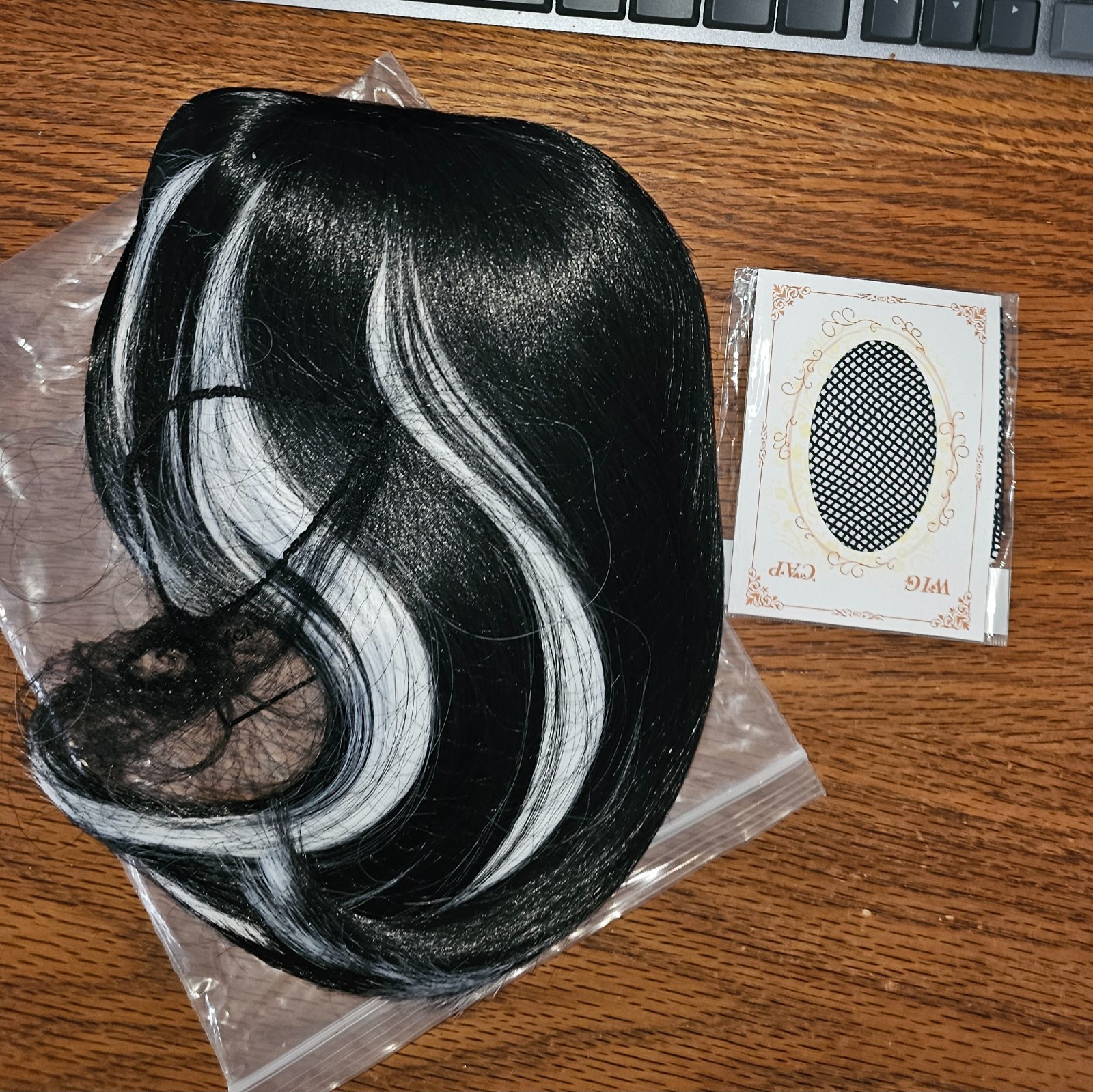 Black Wig White Streaks Wig Cap – Halloween Cosplay Fantasy – NEW