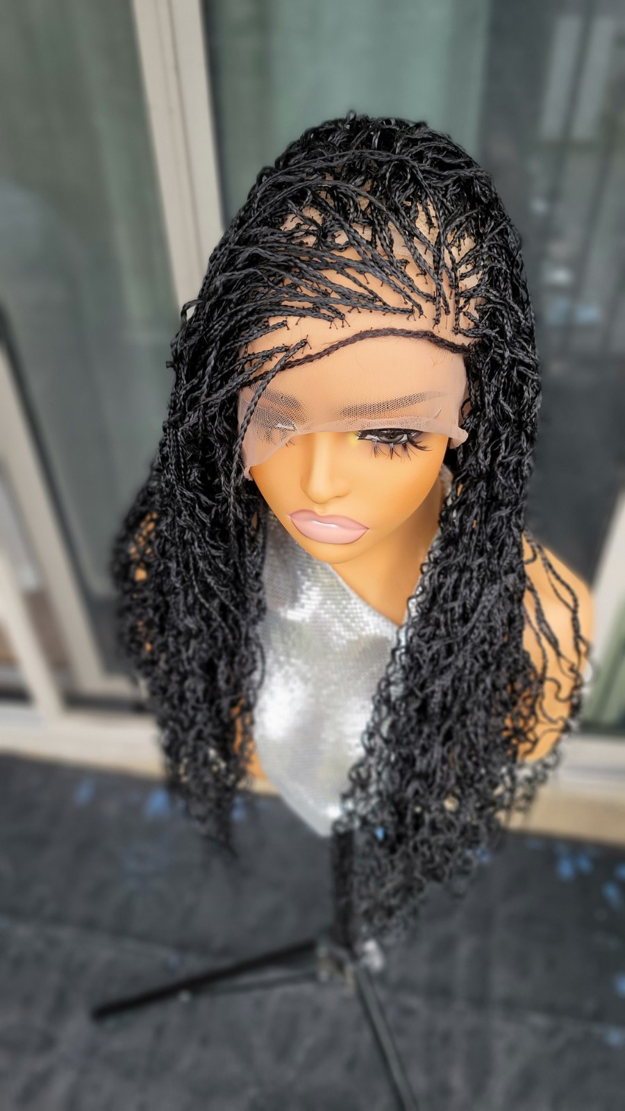 Braided Wig 22″ Micro Boho Braids Jet Black Full Lace Glueless Handmade Long NWT