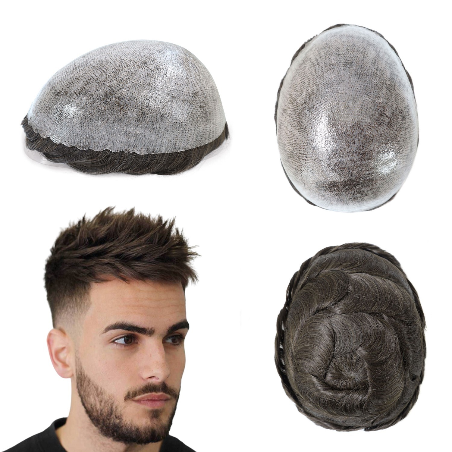 Mens Hair Replacement System Injection Poly Skin Toupee Human Hair Pieces #4