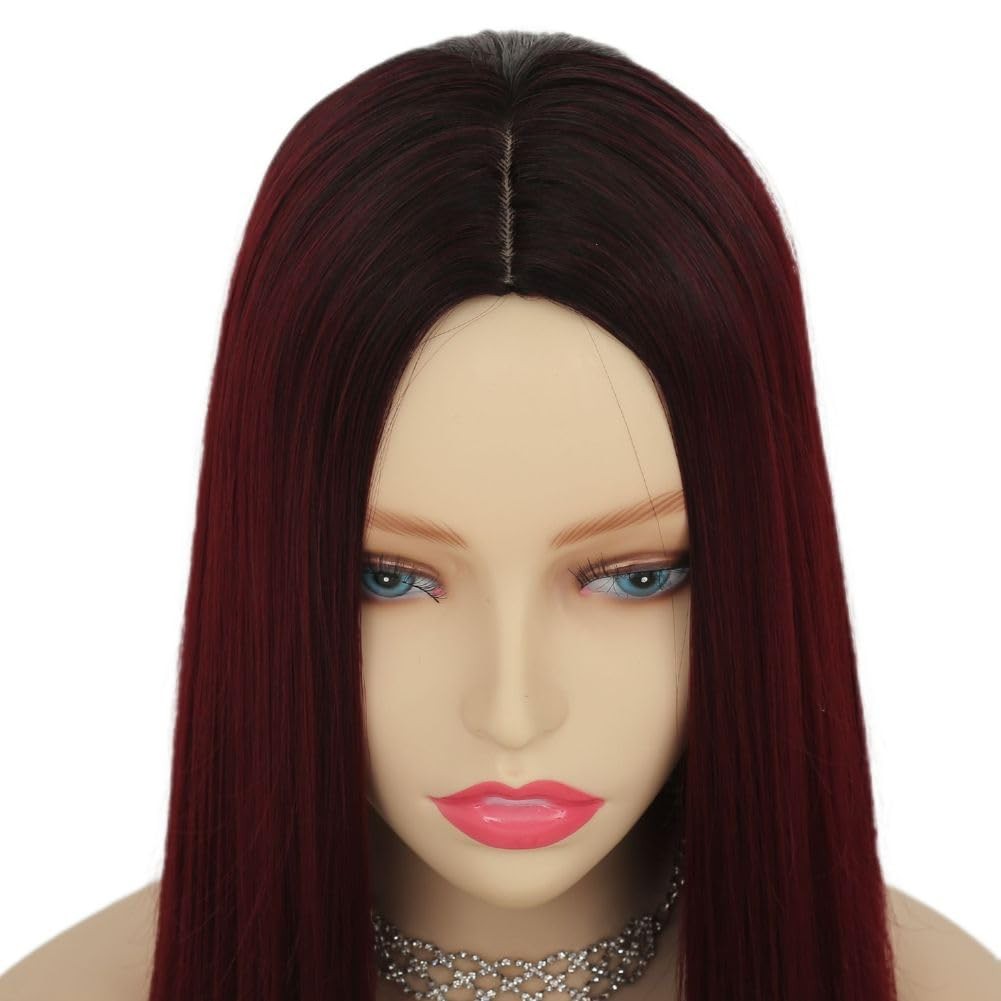 Red Long Straight Wigs for Women Dark Roots Burgundy Wig Halloween Daily Synt…