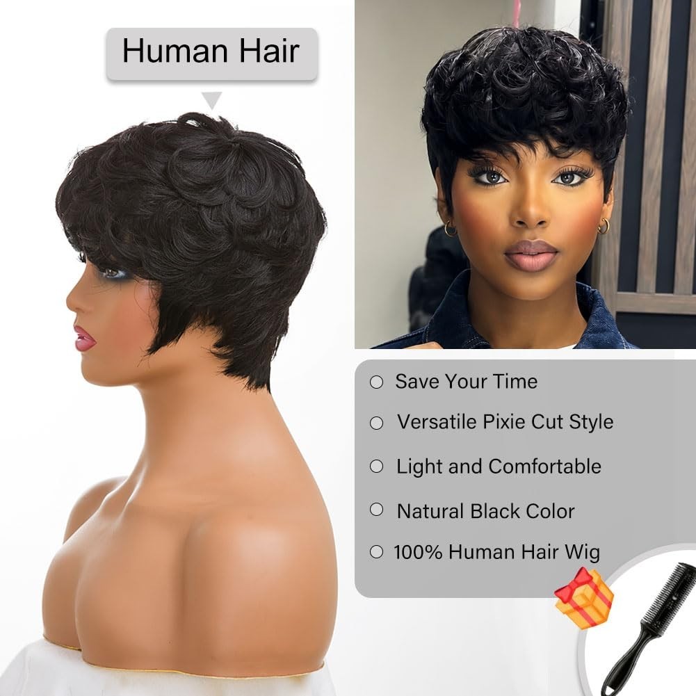 Natural Human Hair Black Pixie Cut Wig with Bangs