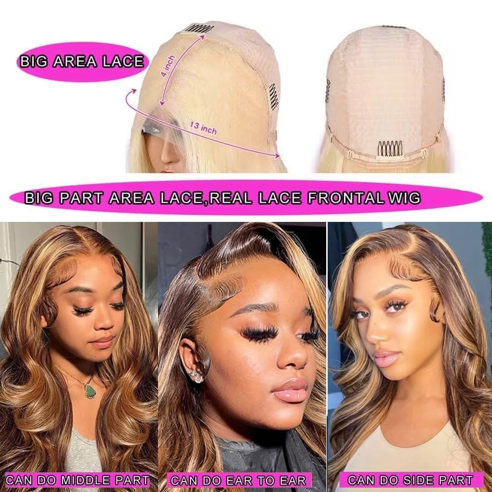 Guebb Highlight Lace Front Wigs Human Hair 4/27 Body Wave 13X4 Hd Transparent