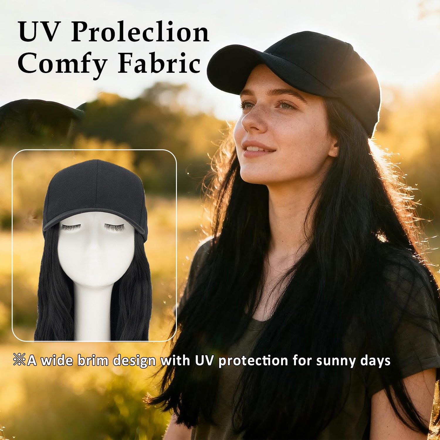 16″ Long Wavy Hat with Hair Attached for Women Natural Black Baseball Cap Wigs