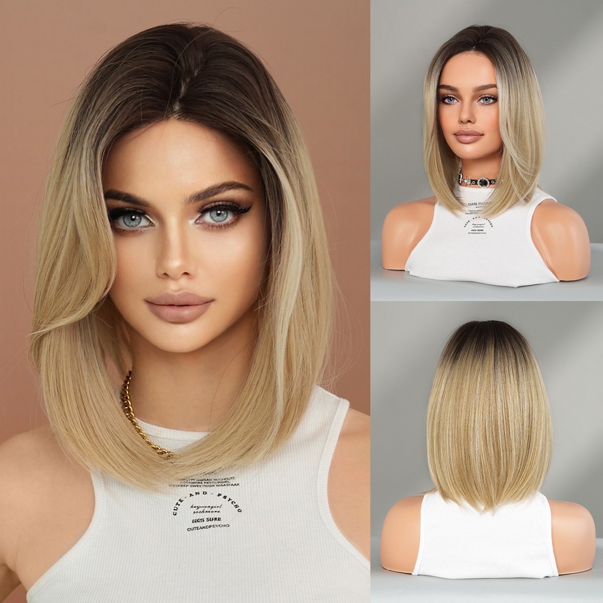 Ombre Blonde Bob Wigs for Women Girls Cosplay Party Daily Short Straight Bob Wig