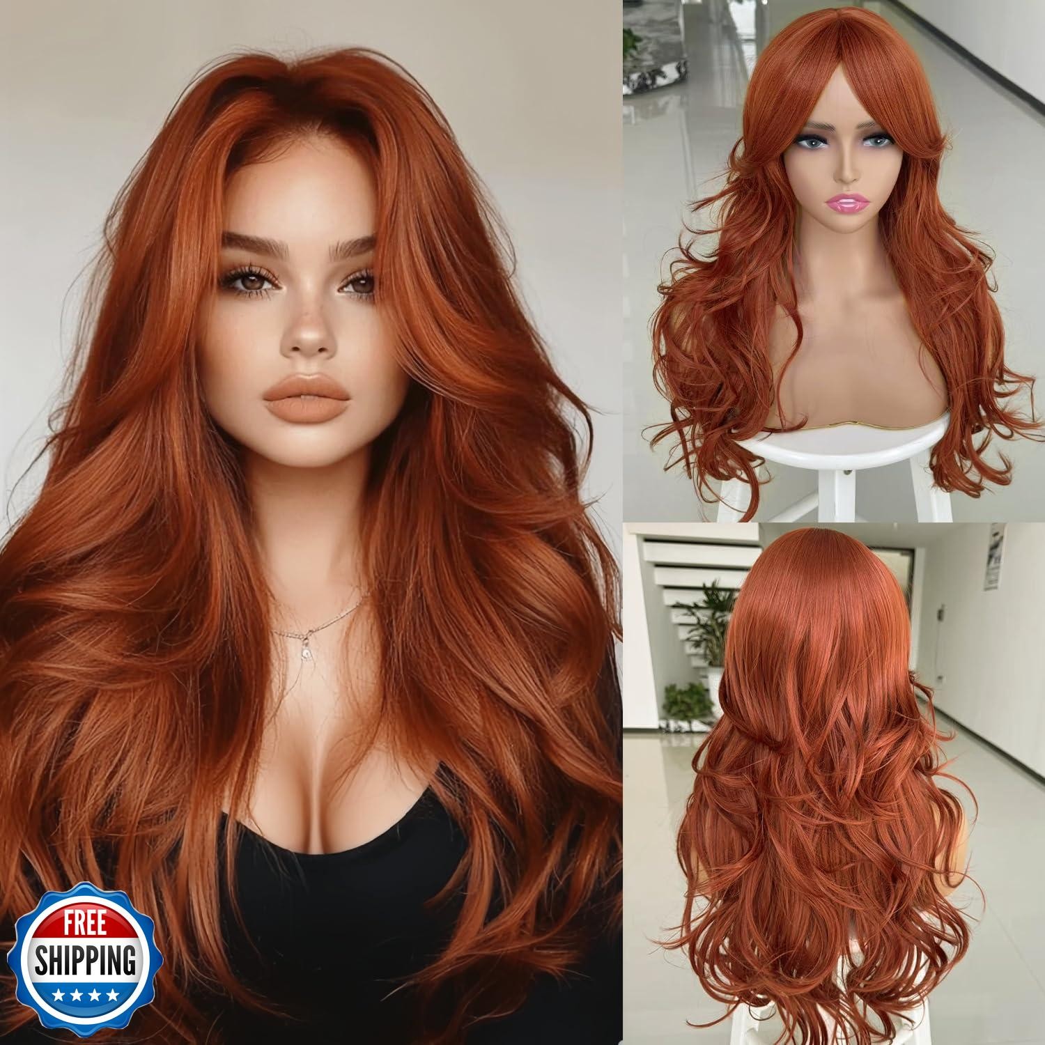 Auburn Wig with Bangs for Women Copper Red Wavy Layered Wig with Curtain Bang