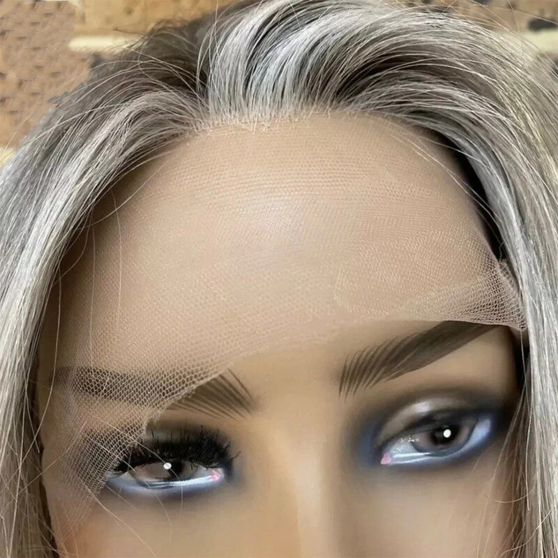 Human Hair Lace Front Wig Ash Blonde with Light Grey Highlights 13×4 Lace Front