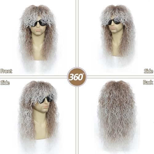 Rock Wig for 80s Costume Men and Women Curly Wavy Rocker Wig with Bangs Hippie P