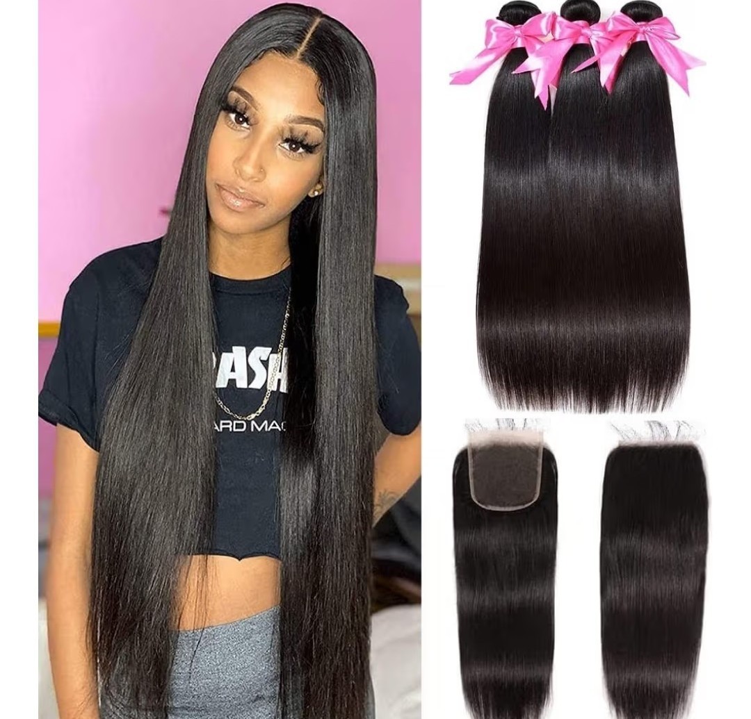 Human Hair Straight Black Weft Bundles with Closure, 21-30 in Women