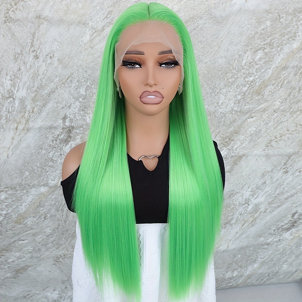 Women Long Straight 13×4 Frontal Lace Wigs Synthetic Hair Heat Resistant Green