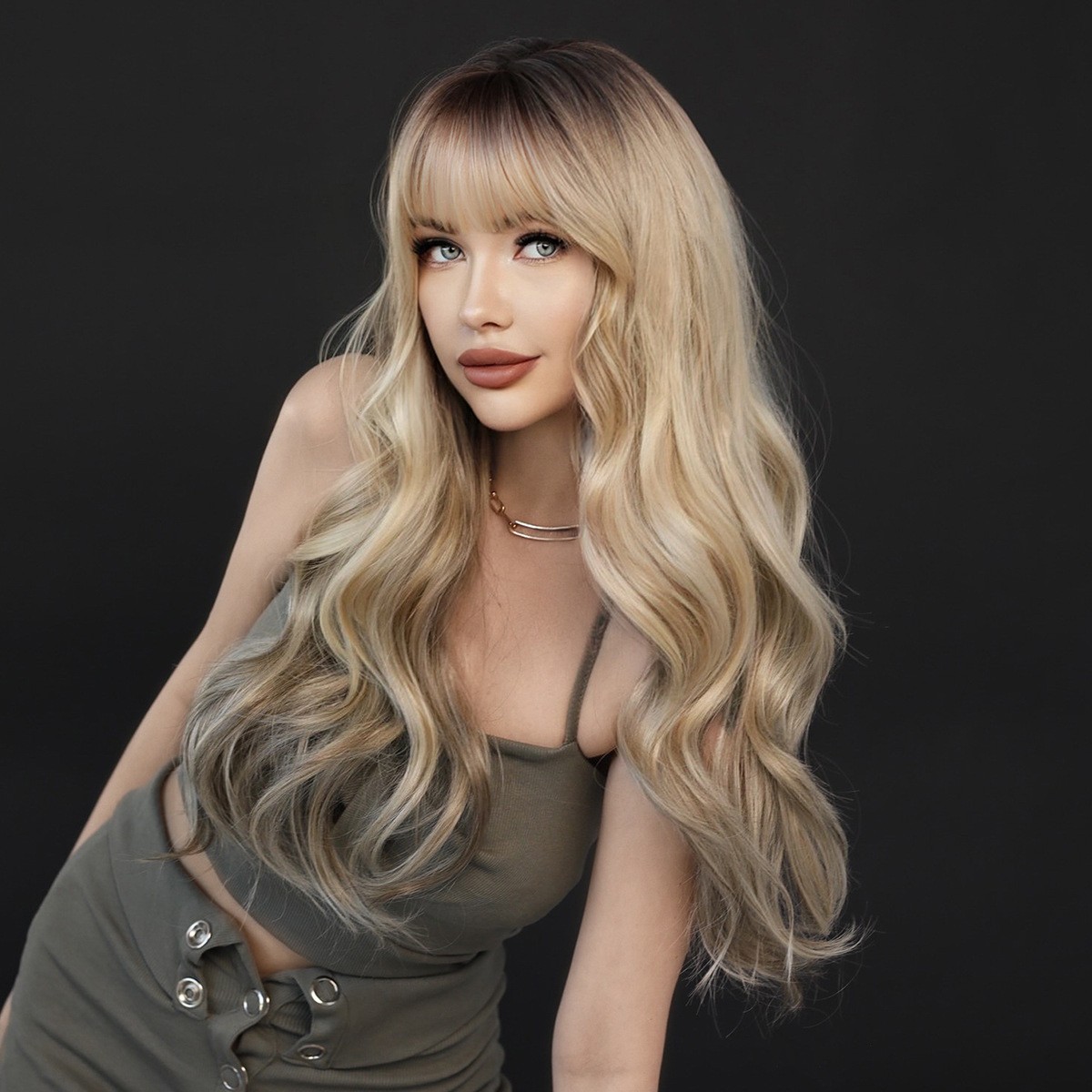 Gradient Ash Blonde Long Big Wavy Wig with Bangs Rose Net Synthetic Full Head