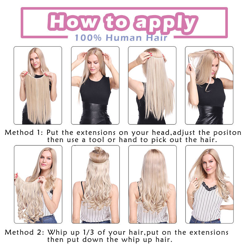 Wire Hair Extensions Real Remy Human Hair Hidden One Piece Headband Weft NO-CLIP