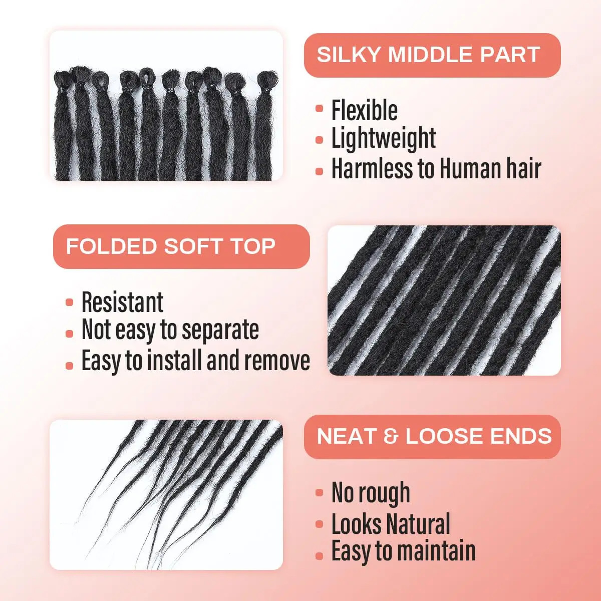 Hippie Style Single Ended Soft Synthetic Dreadlock Hair Extensions for Women