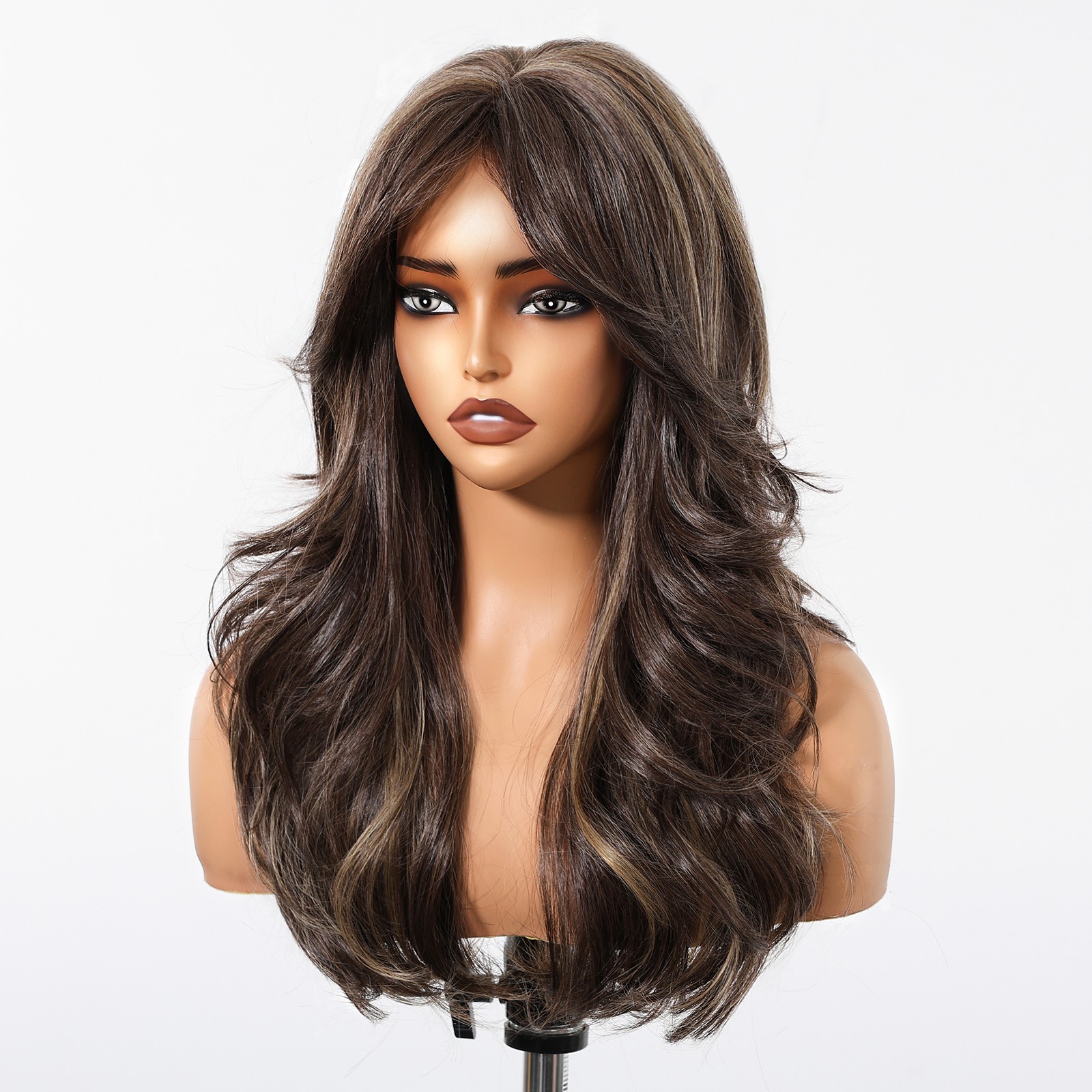 Mixed Brown Women Natural Synthetic Hair Dress Up Wigs With Bangs Long Wavy