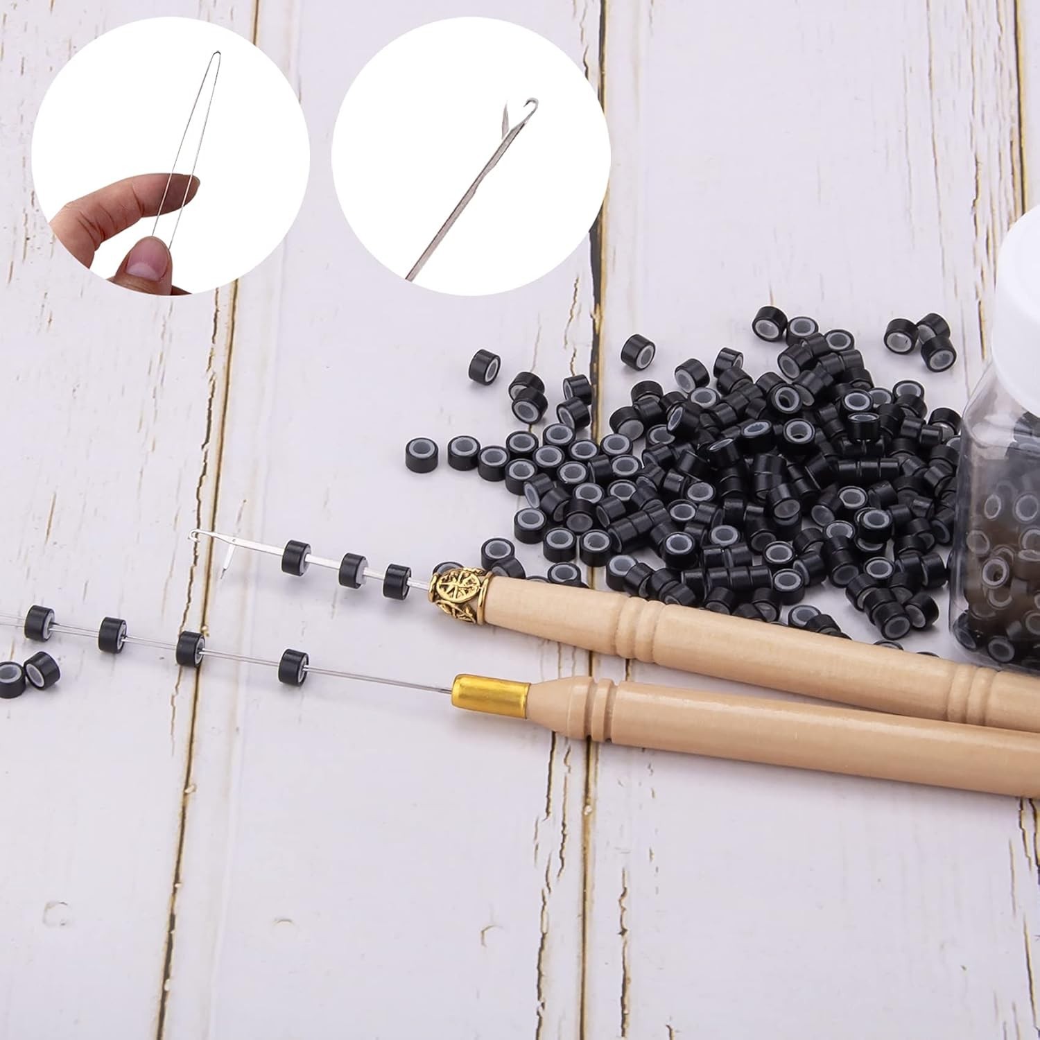 Hair Extension Tools Kit, 500 Pcs Black Micro Ring,2 Hook Needle, 1 Comb and 2 B