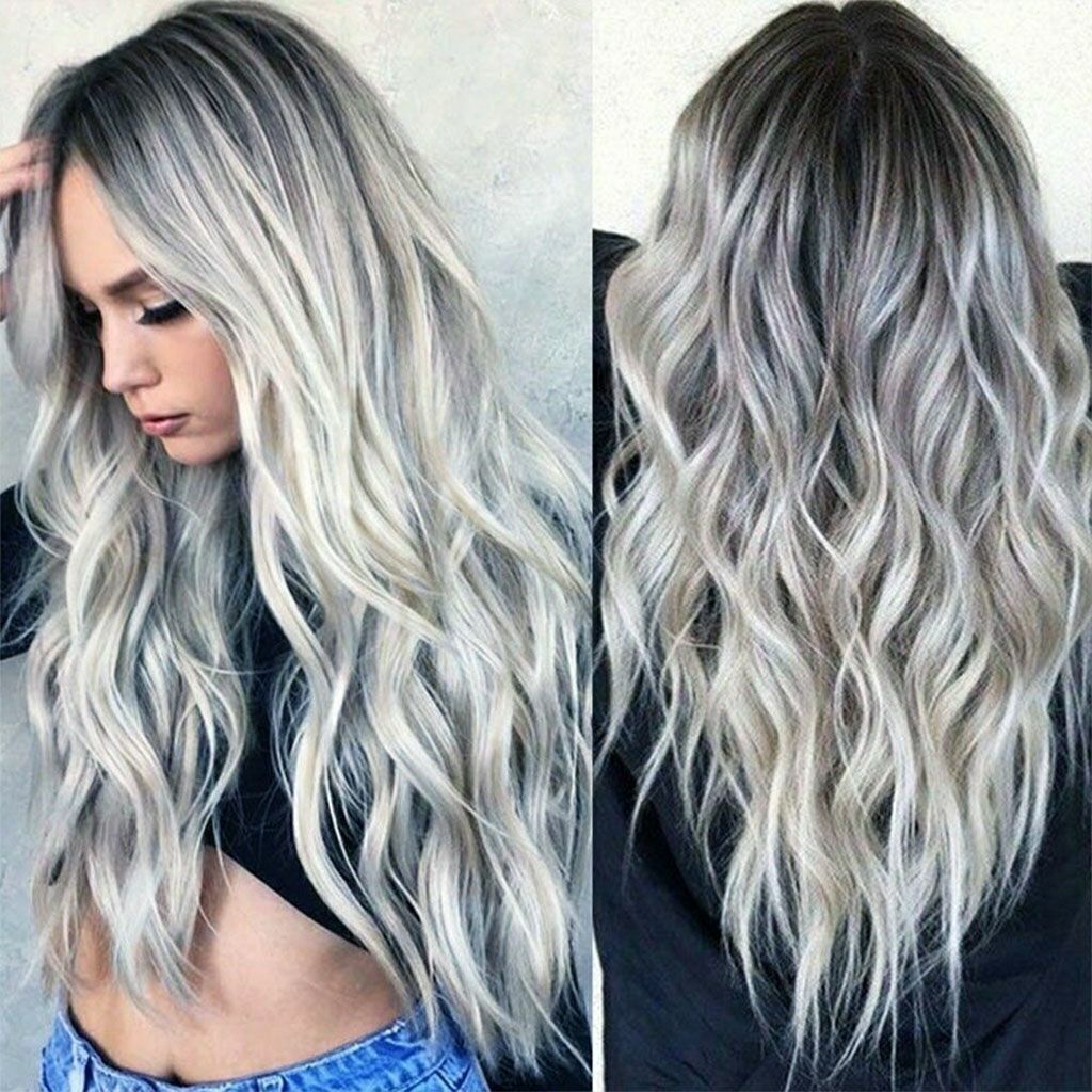 Women Gray Silver White Ombre Lace Long Wavy Curly Blonde Wig Synthetic Hair US