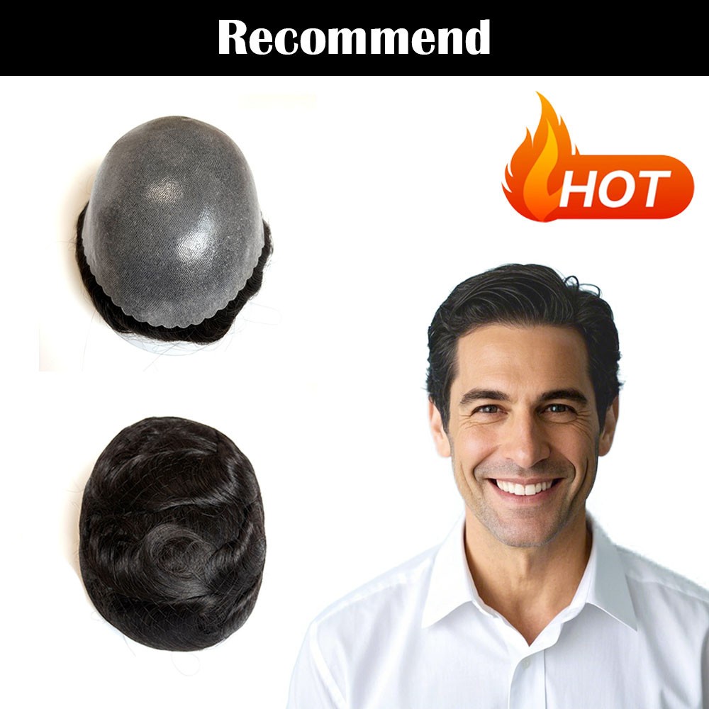 Full Poly Gauze Human Hair Replacement Men Toupee Hairpiece #1B Human Hair Wigs