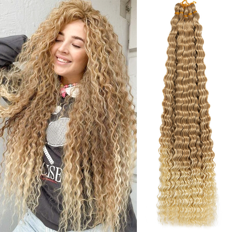 28″ Long Thick Water Wave Hair Extensions Crochet Braids Deep Curly Ocean Weave