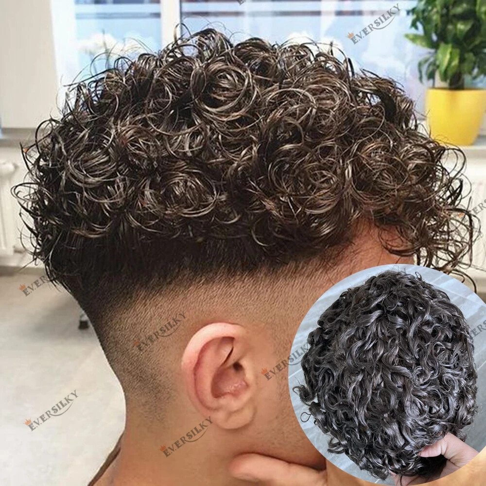 Full Skin Base 20mm Curly Human Hair Men’s Toupee Durable Prosthesis System Hair