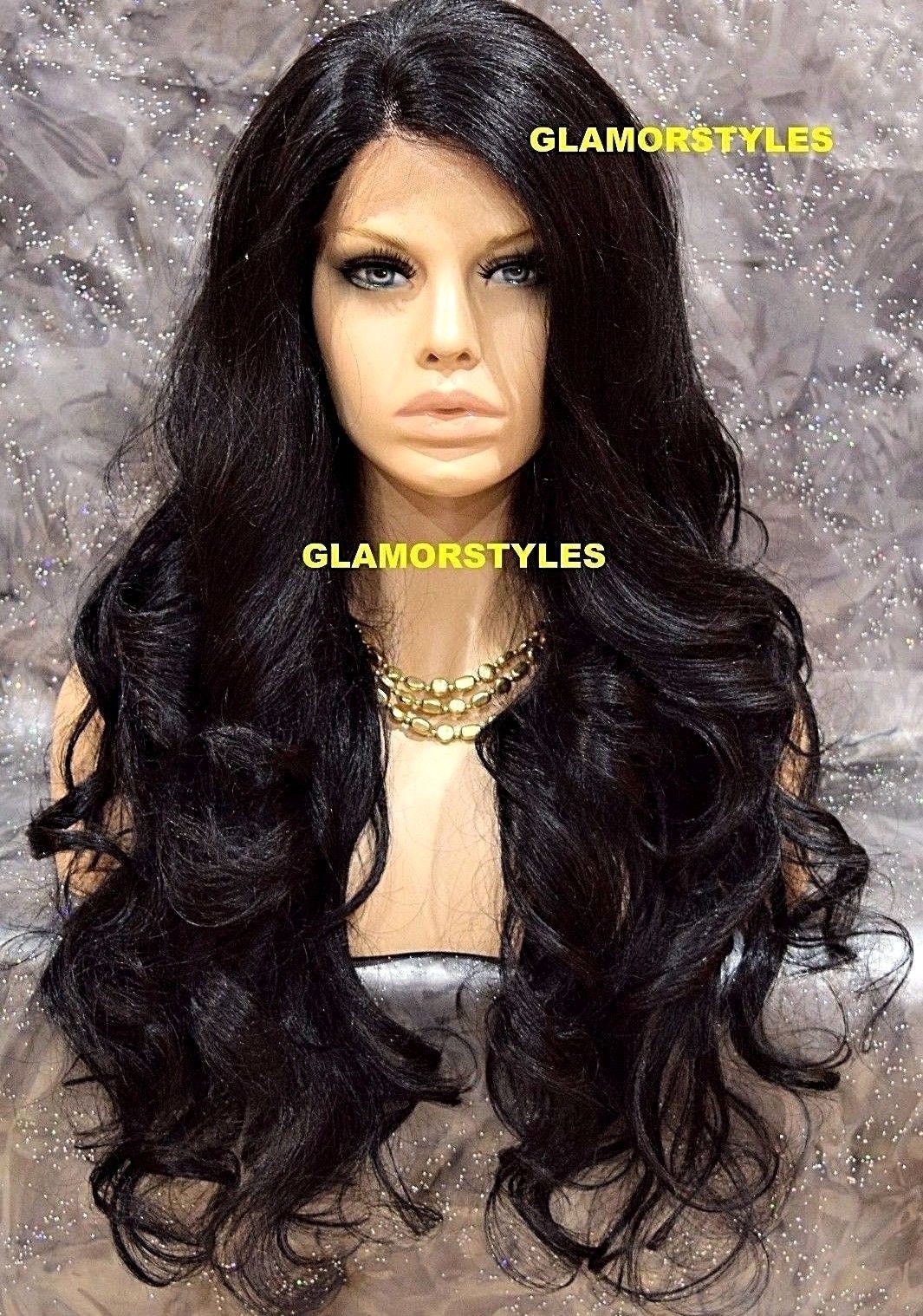 LACE FRONT FULL WIG LONG WAVY LAYERED SIDE PART OFF BLACK #1B HEAT OK NWT