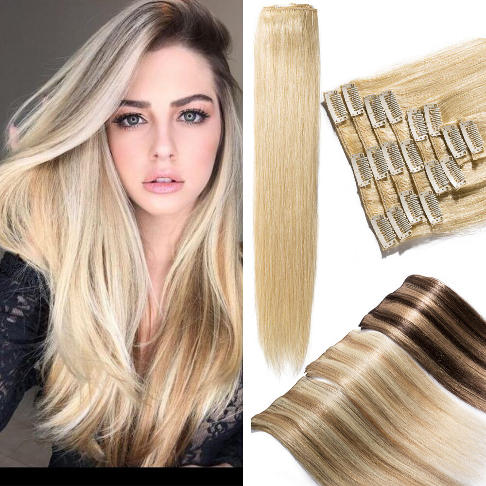 100% Real Remy Human Hair Extensions Clip In Full Head Dark Light Ombre Piano US