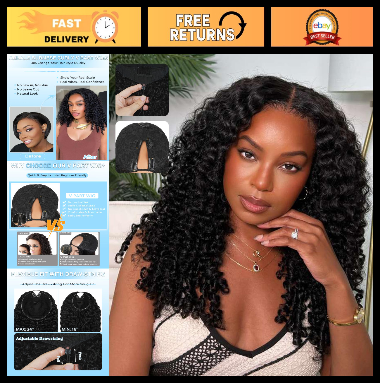 Curly V Part Wig 200% Density Human Hair, Glueless Clip-In Half Wig 16″ for Blac